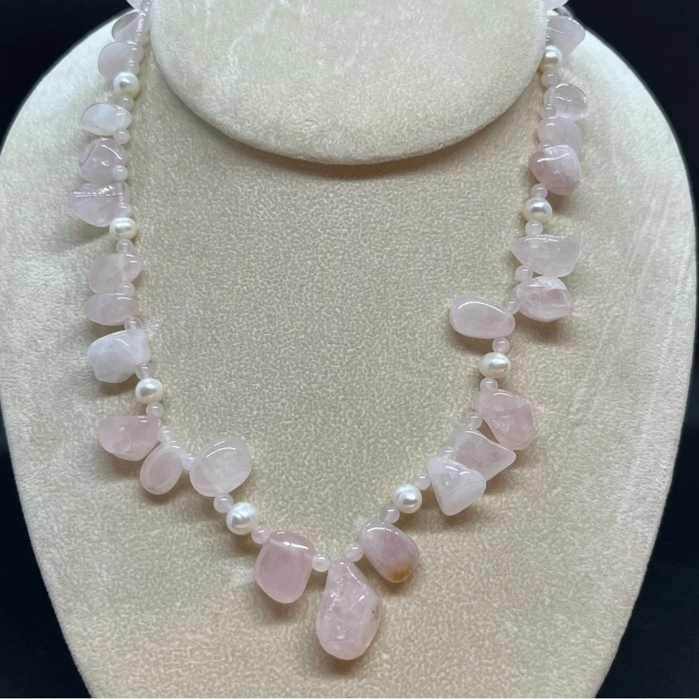 Rose Quartz and Pearl 3 in 1 Adjustable Necklace 22 inches